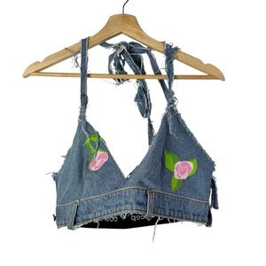 Natasha Zinko Blue Denim Upcycled Rose Floral Cropped Tank Top M
